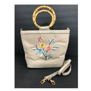 Bueno Handbag Bamboo Handle Canvas Leather Floral Cottagecore Granny‎ Resortwear
